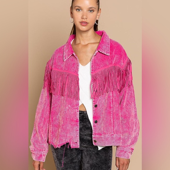 POL Jackets & Blazers - POL Pink Corduroy Fringe Jacket